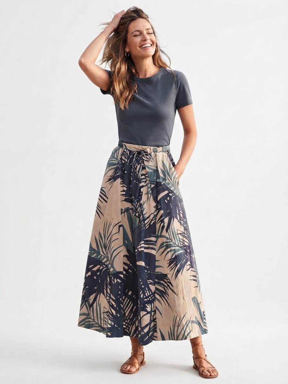 ♥️MAXMARA | Cotton Navy and Khaki Tropical Print Full Skirt - sz M/L